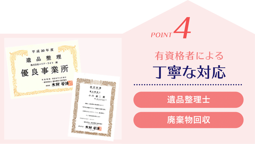 遺品整理士など有資格者による丁寧な対応